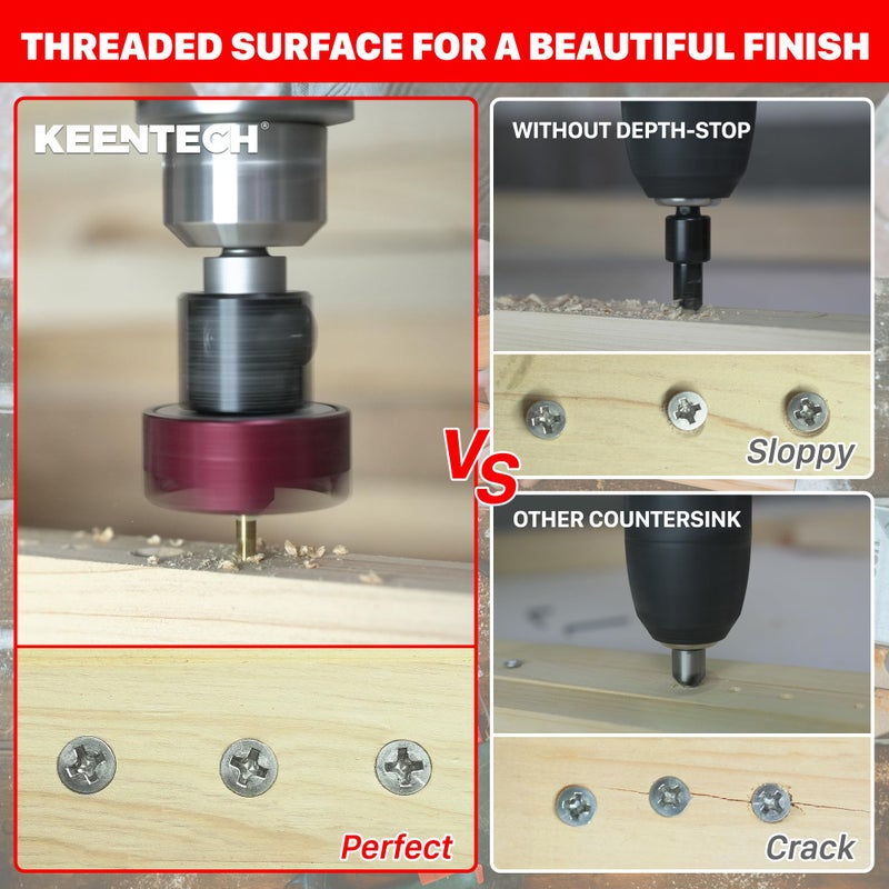 KEENTECH Carbide Tipped 82 Countersink Drill Bit with Depth Stop  3/8"" Dia x 1/8"" Drill Diameter x 1/4"" Shank  Adjustable Depth Stop with Ball Bearing for High Fine Finish on Softwood and Hardwood - Image 3